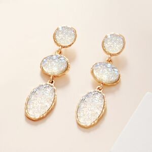 White Gold Triple Drop Druzy Earrings Cluster Stone Womens Statement Accessory